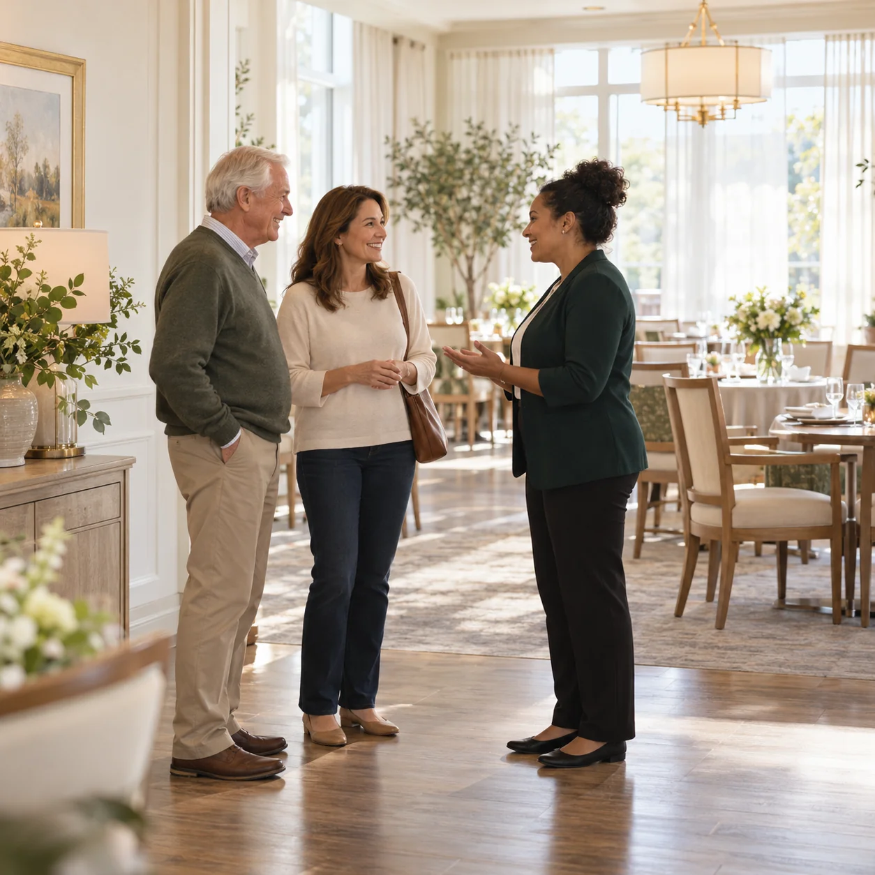 An older man and his adult daughter stop with a staff member outside a sunlit dining room, friendly discussion before a visit