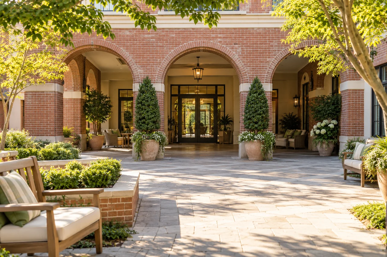 A senior living courtyard entrance with red brick arches, benches and large potted trees in soft afternoon light