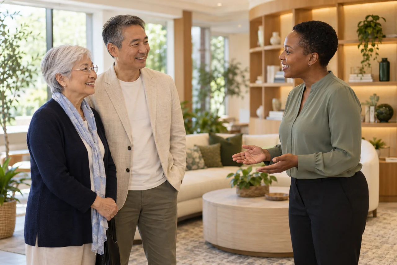 An older woman and her son greet a community host beside a reception seating area, warm eye-level composition