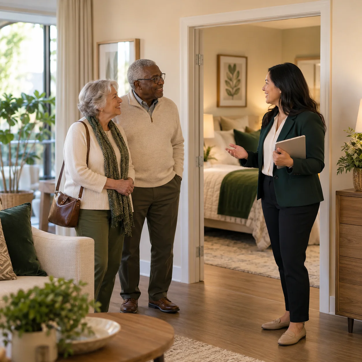 An older couple pauses beside a model apartment doorway while their community host answers a question