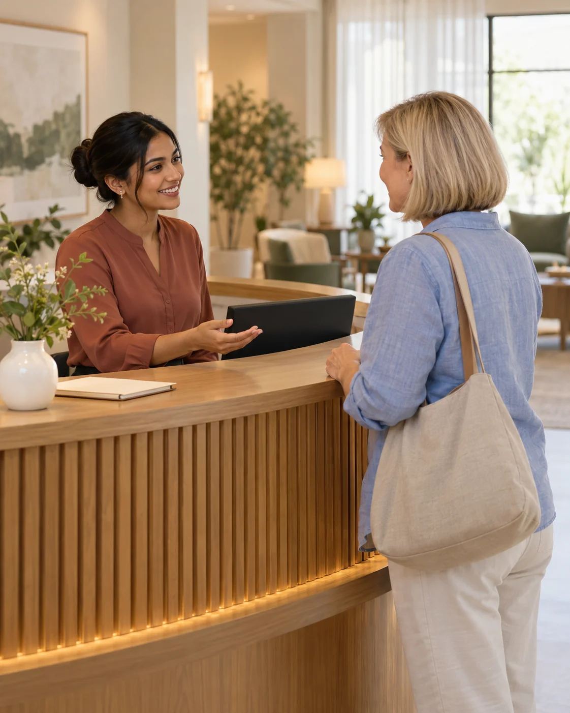 A receptionist welcomes an adult daughter at a curved oak front desk, a plain notepad and a small vase nearby