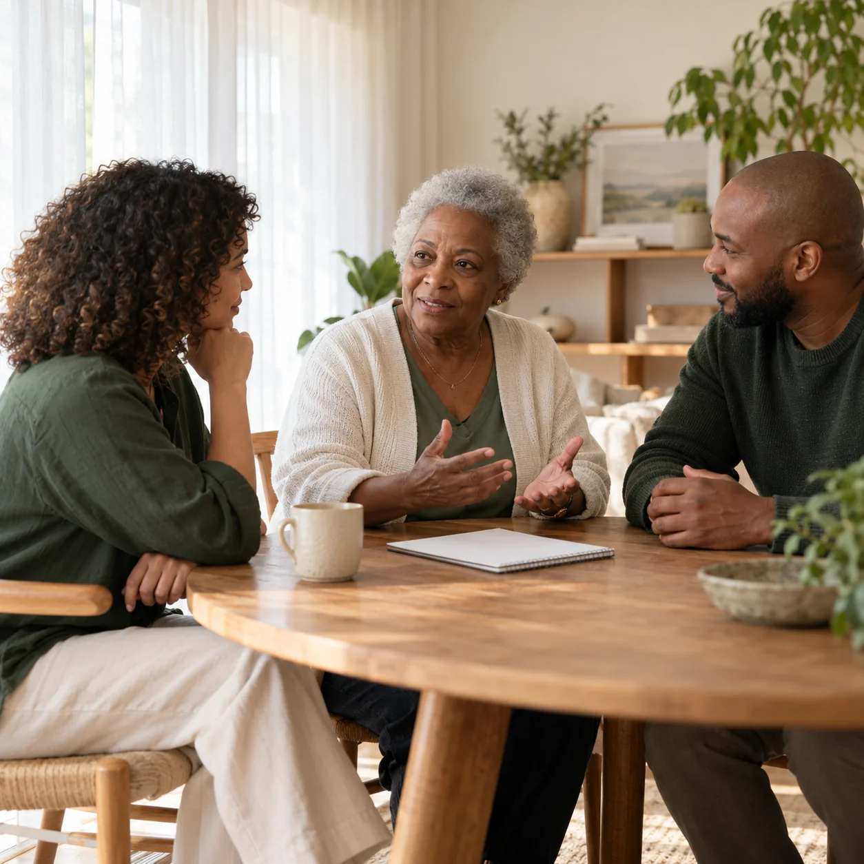 An older woman and two adult family members discuss a next step at a round table with a plain notebook
