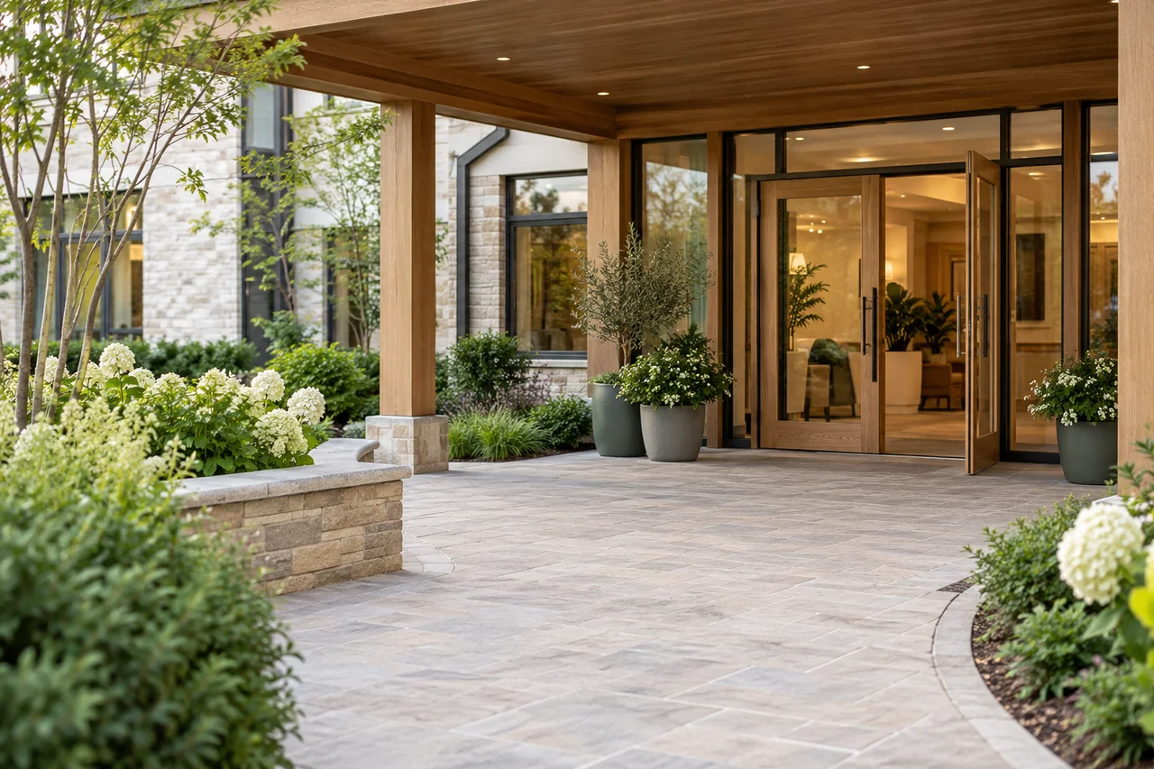 A modern senior living entrance with oak-framed glass doors and a wide paved path through low planting beds