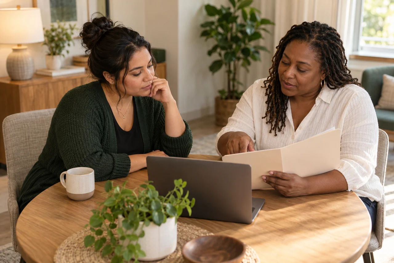 Two community staff members practice a family phone handoff at a round table, one listening while the other points to a plain folder