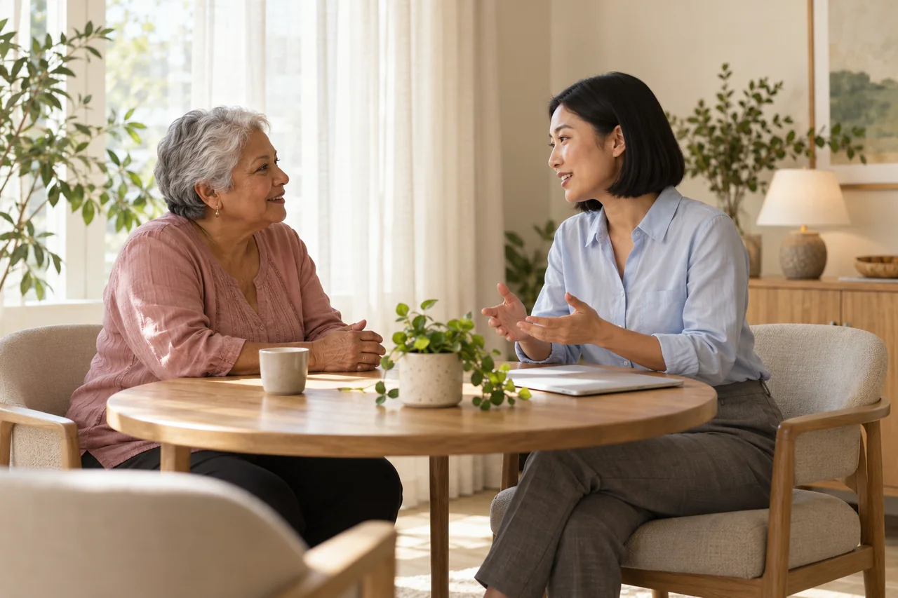 An older woman and a younger female community host sit across a small table discussing the next visit, open welcoming body language