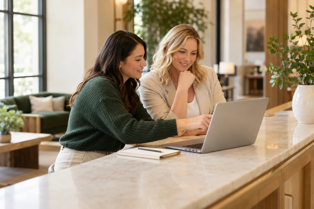 A community director and a sales lead review a laptop together at a long sunlit reception counter, side view with the screen turned away