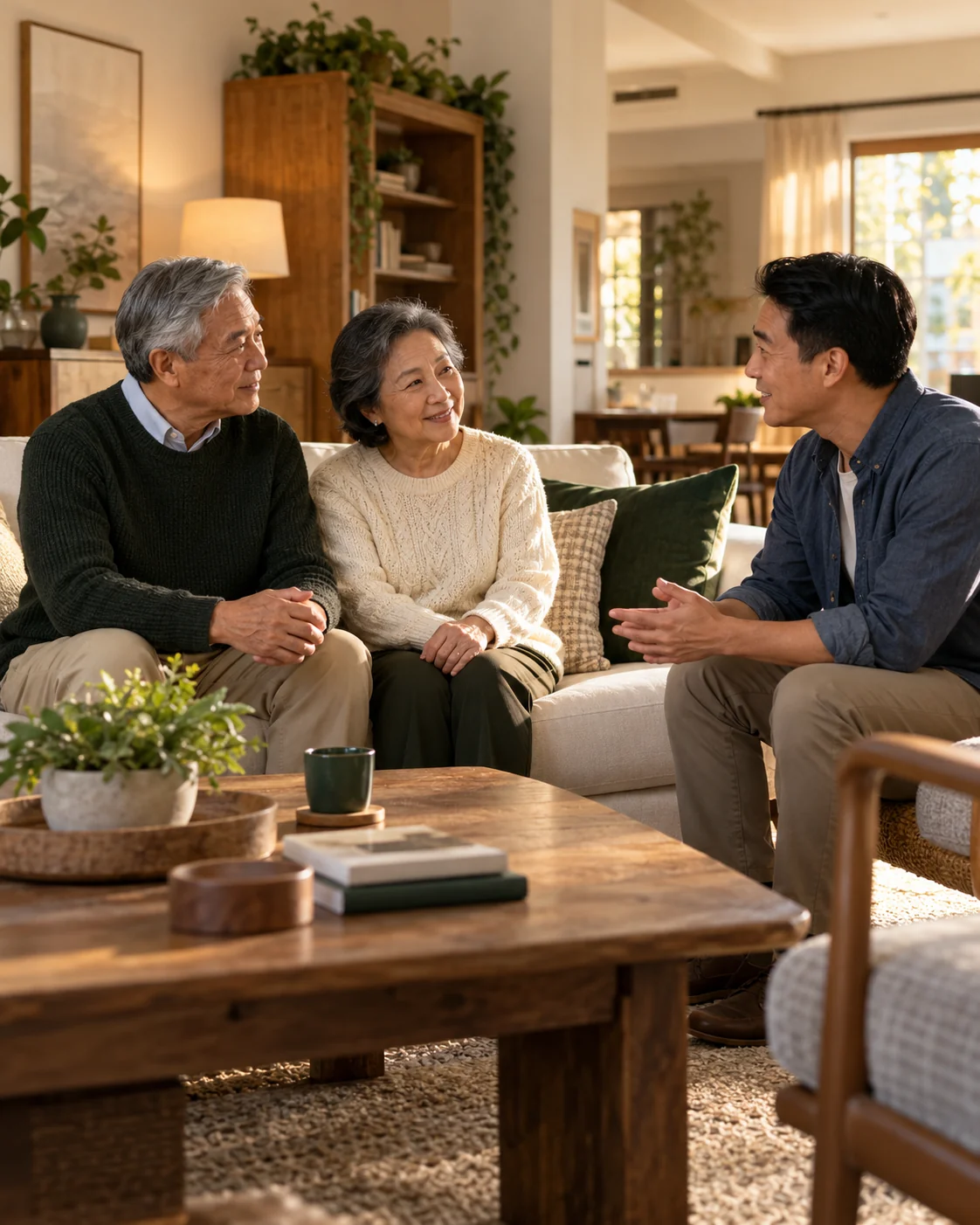 An older couple sits with their adult son in a warm family living room, relaxed open conversation