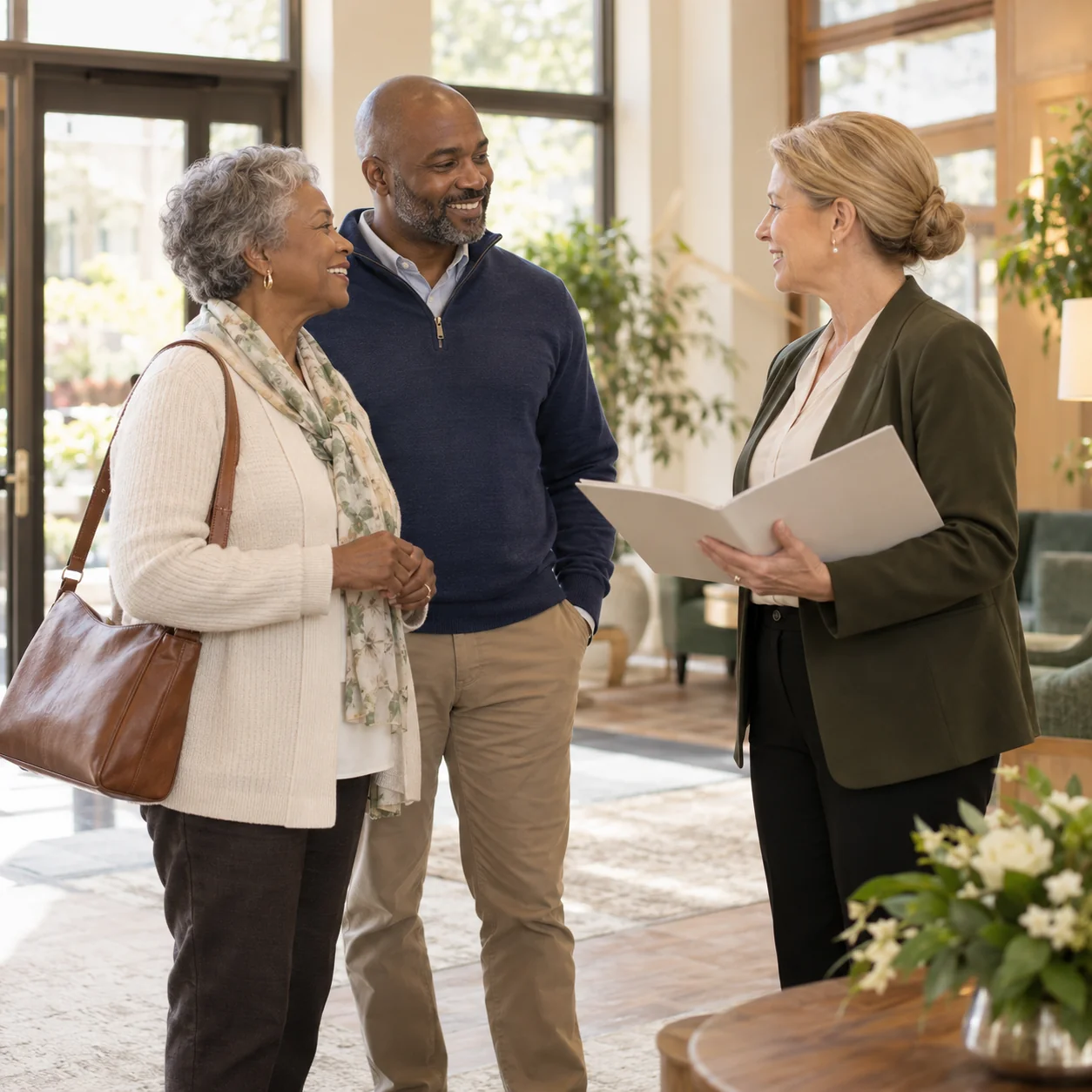An older woman and her adult son meet a staff member at a bright community entrance, relaxed conversation with a plain welcome folder