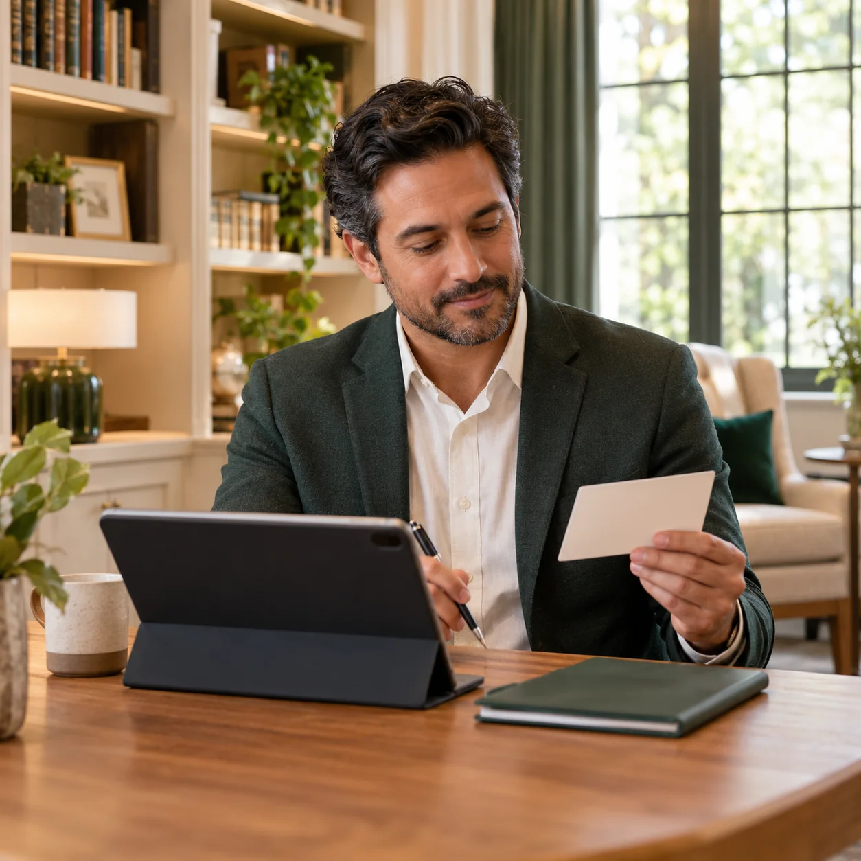 A male community sales lead reviews a blank appointment card beside a tablet in a quiet library nook