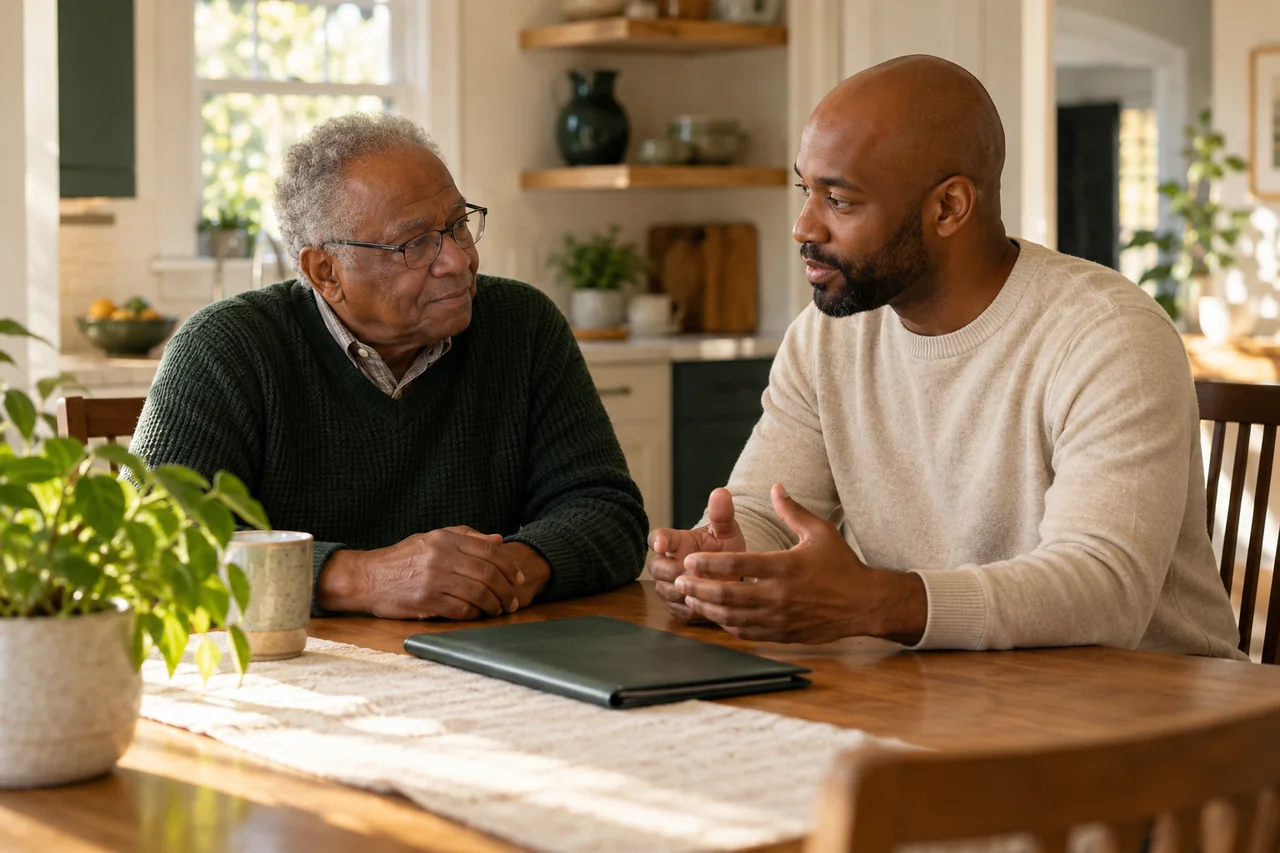 An older man and his adult son talk at a kitchen table with a closed folder between them, calm thoughtful expressions