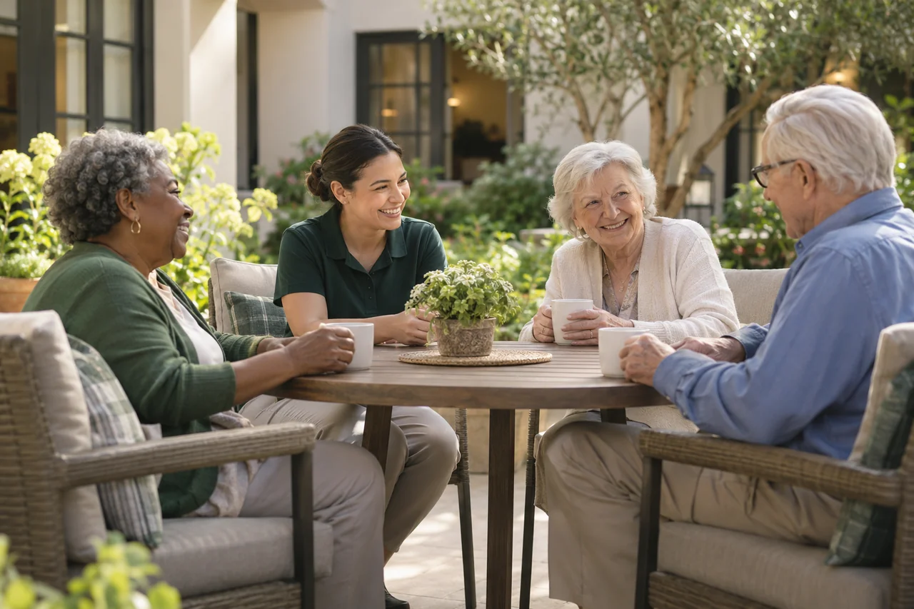 Older residents and a staff host enjoy a relaxed conversation around a shaded courtyard table