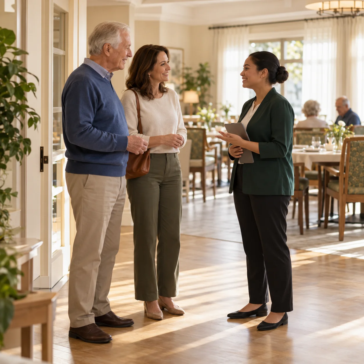 An older man and his adult daughter stop with a staff member outside a sunlit dining room, friendly discussion before a visit