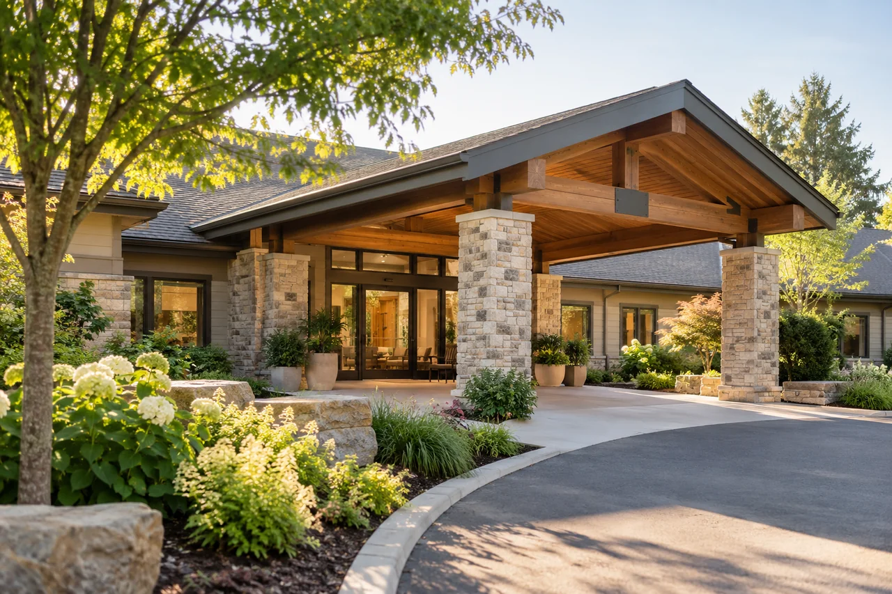 A low-rise community building with natural stone and cedar details, a wide entrance canopy and a peaceful garden