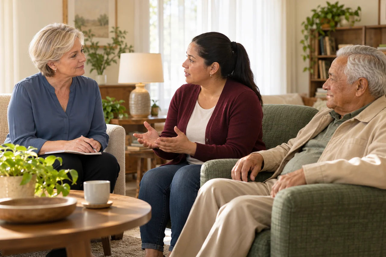 A staff member listens to an adult daughter during a nursing home visit, an older father sits comfortably nearby