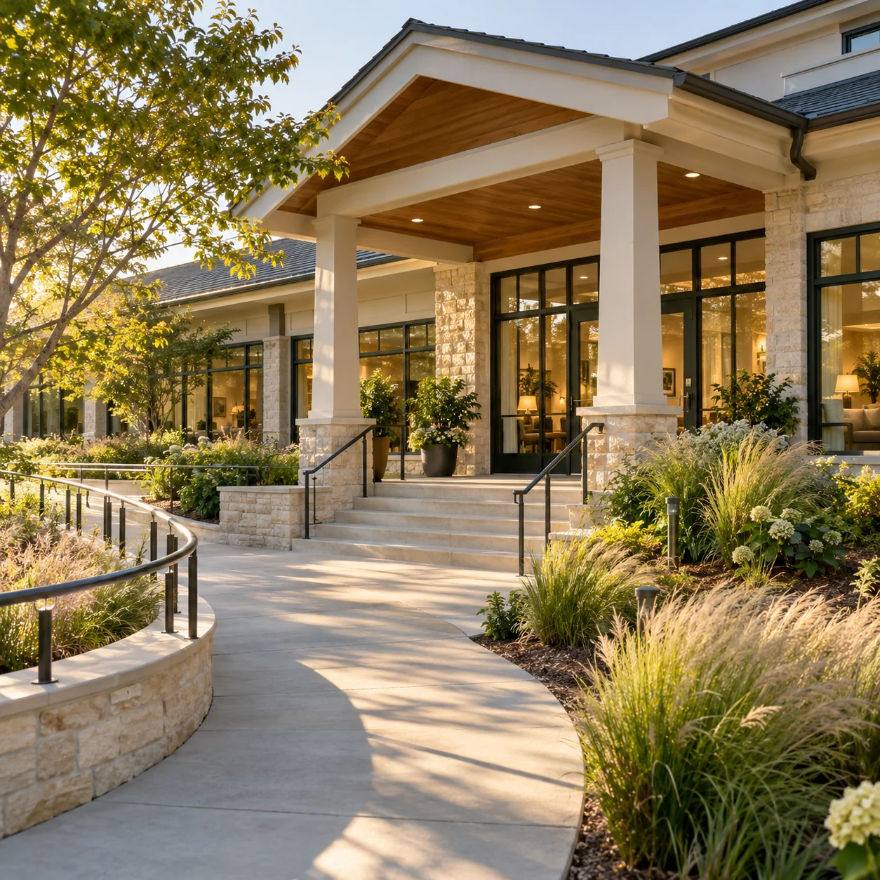 A warm welcoming community facade with large windows, limestone steps beside an accessible path and ornamental grasses