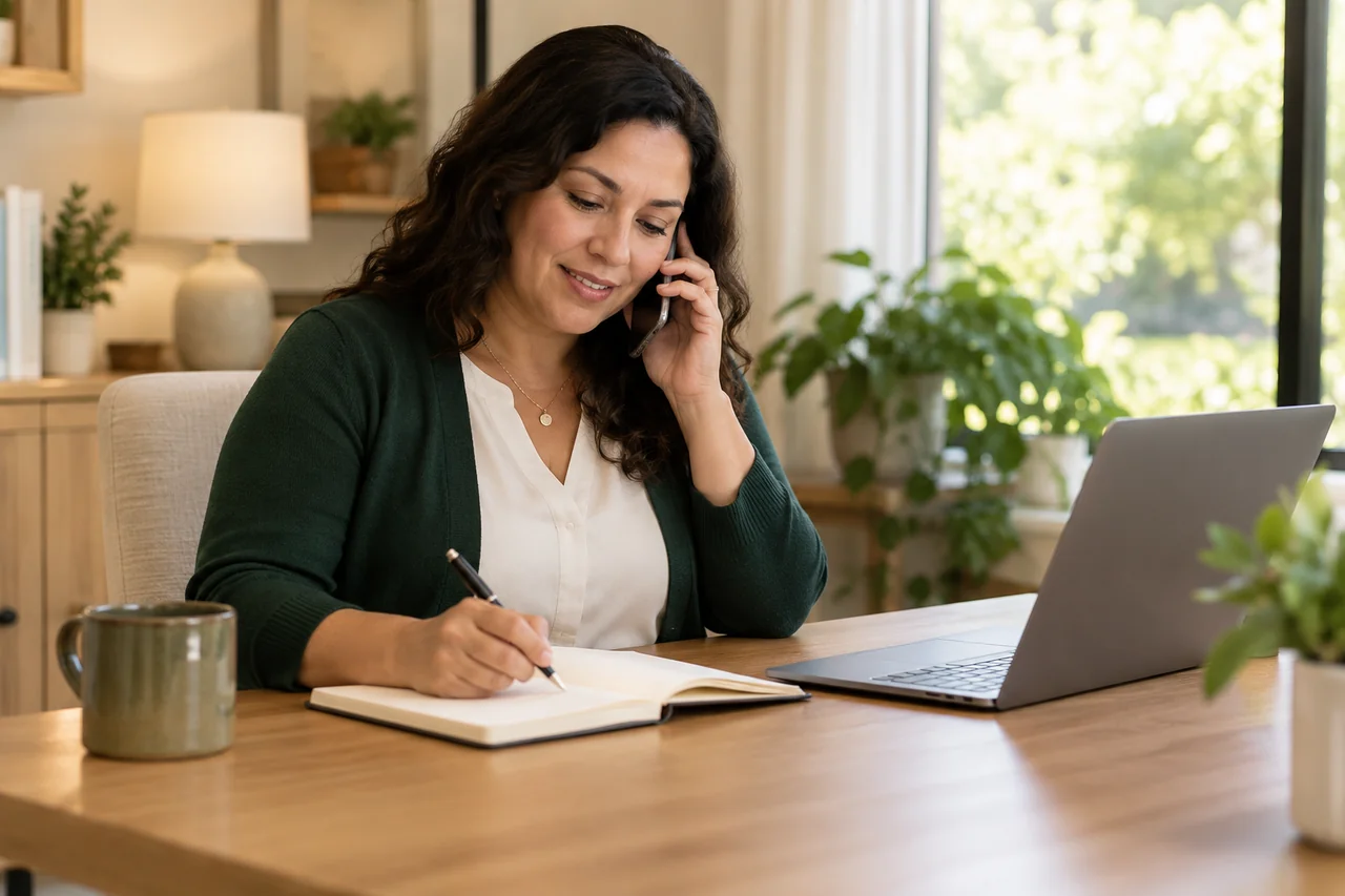A nursing home intake coordinator returns a phone call at a tidy desk with a plain notebook