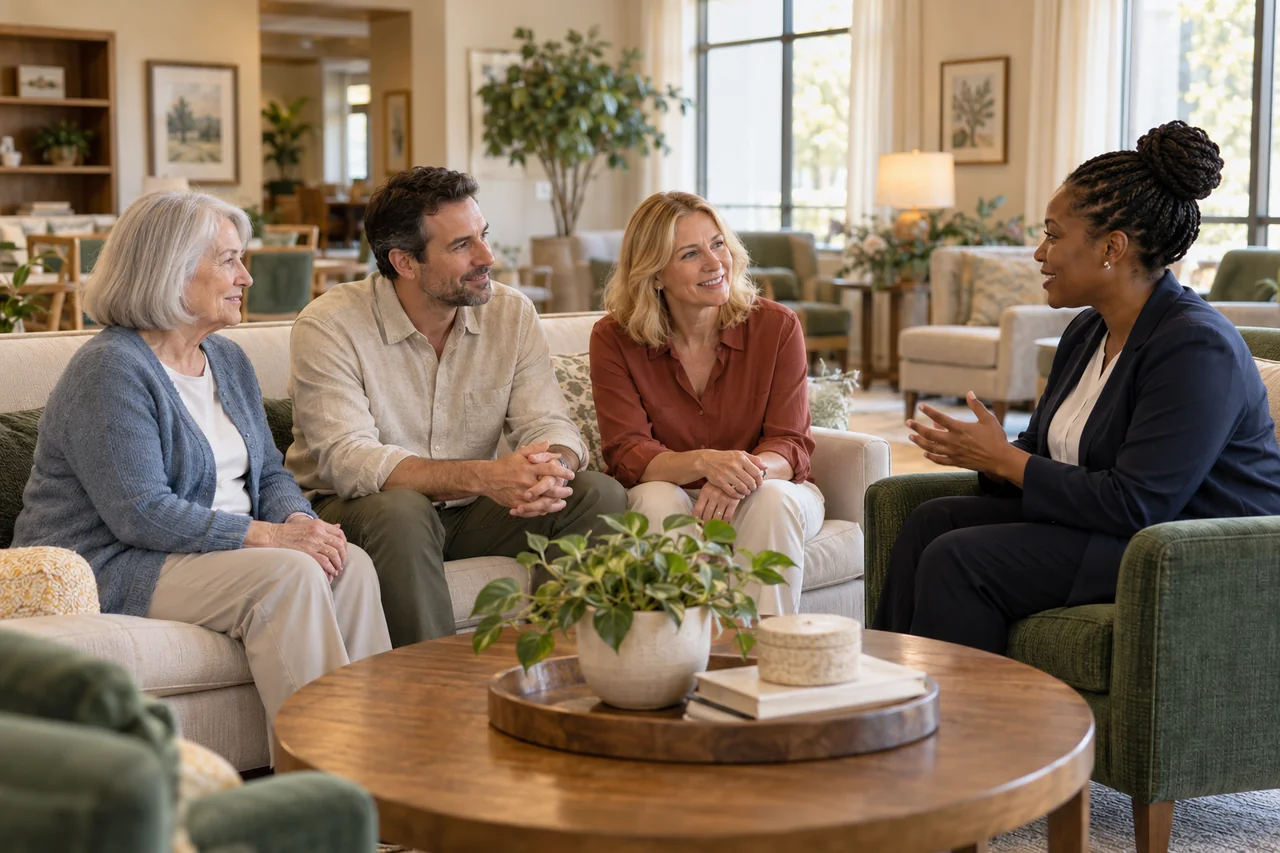 An older woman and her family speak with a staff host in a bright nursing home family room