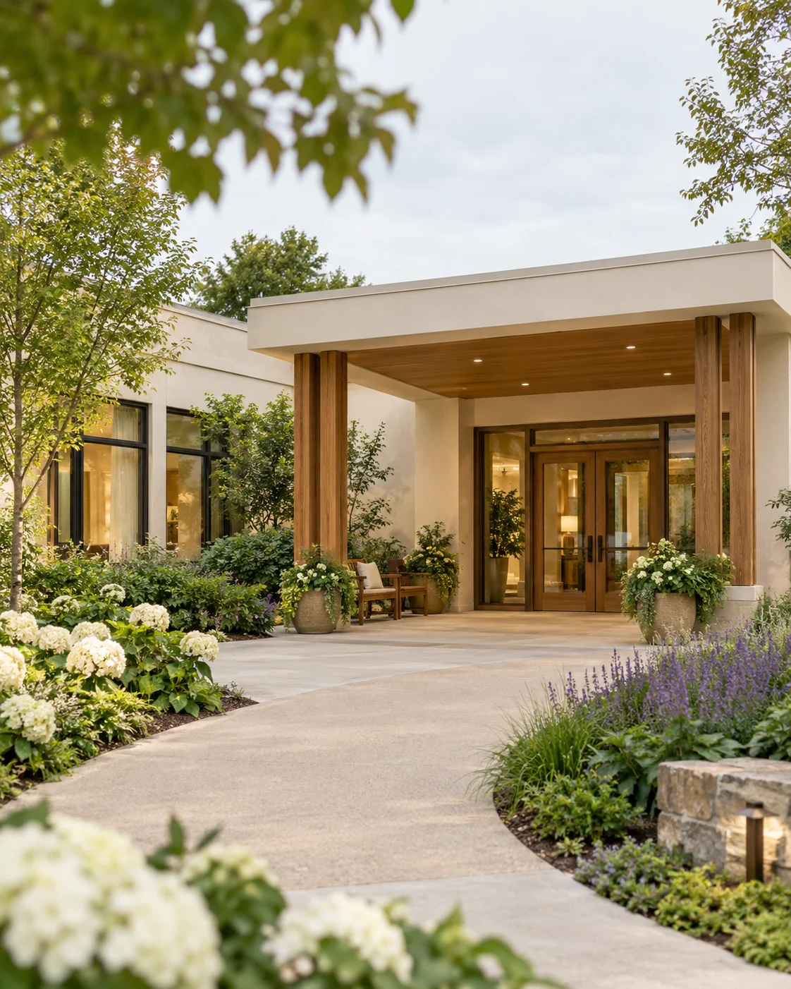 A senior living front garden leading to a sheltered cream-and-oak entrance