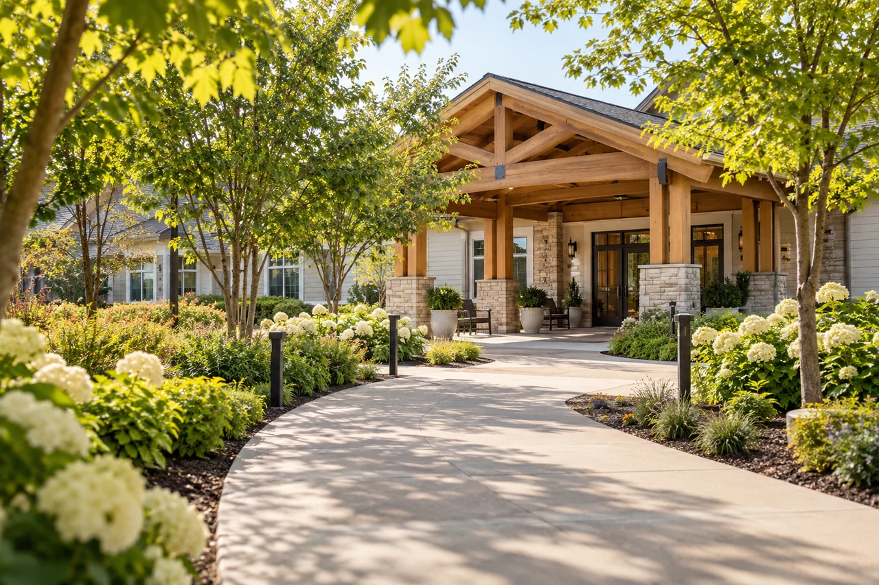 A tree-lined pedestrian route to a community entrance with a timber portico, late morning light and seasonal planting