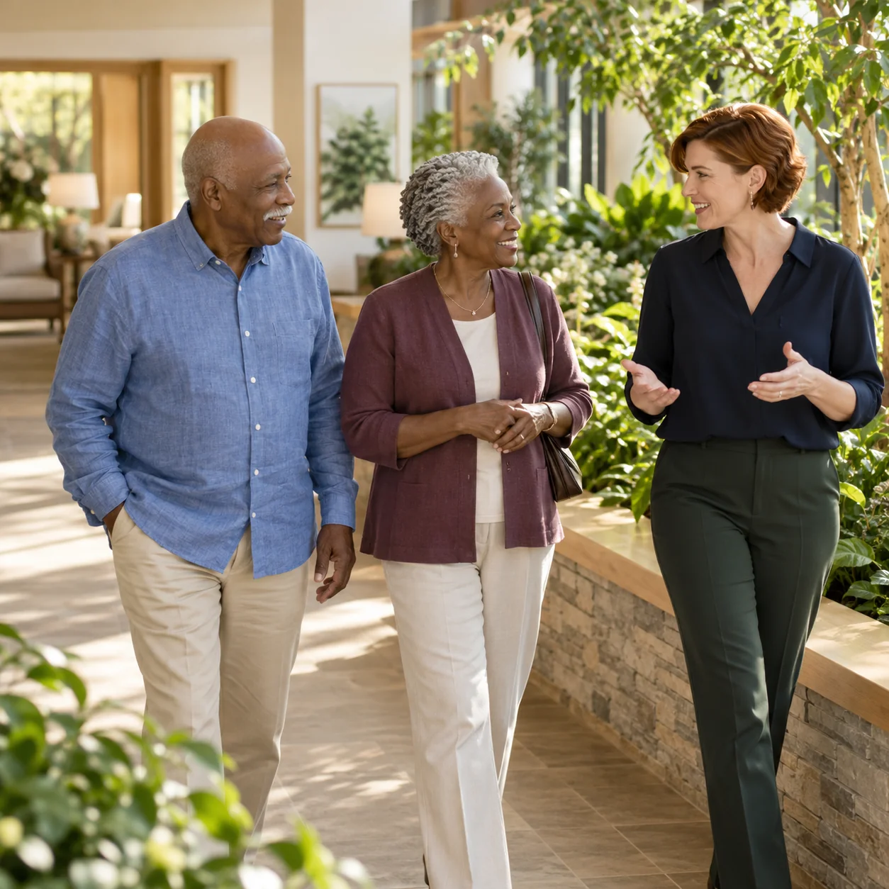 An older couple walks with a community host beside an indoor garden, all three engaged in a natural conversation