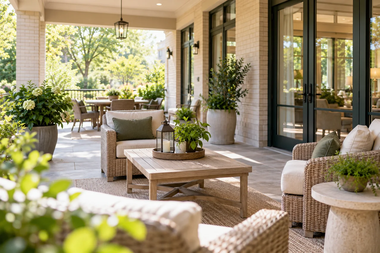 A bright senior living veranda with pale brick, broad glass doors and comfortable outdoor seating