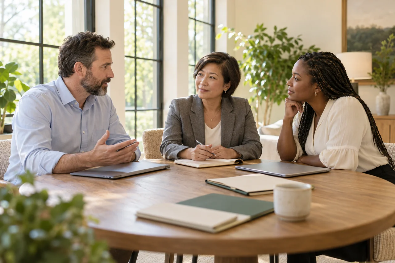 Three community staff members plan the coming week around a small meeting table with closed laptops and plain folders