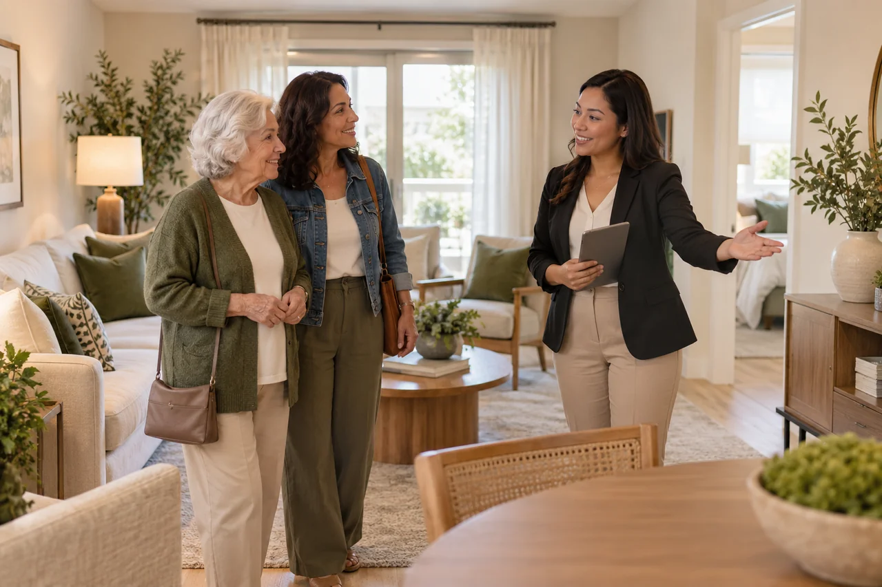 A community host shows an older woman and her daughter a cozy apartment living area, broad view of the room and furniture