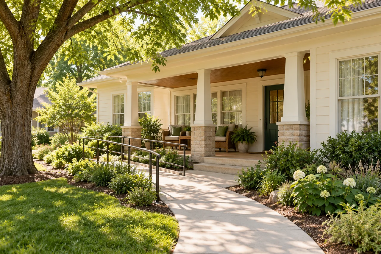 A small residential senior living home with cream siding, a shaded front porch, mature trees and a neat accessible path