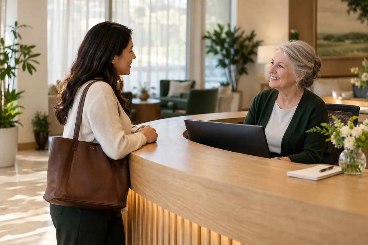 A receptionist welcomes an adult daughter at a curved oak front desk, a plain notepad and a small vase nearby
