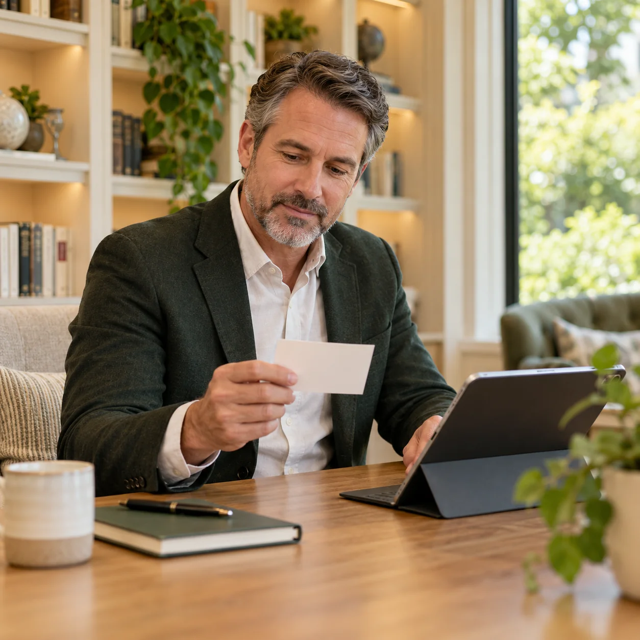 A male community sales lead reviews a blank appointment card beside a tablet in a quiet library nook