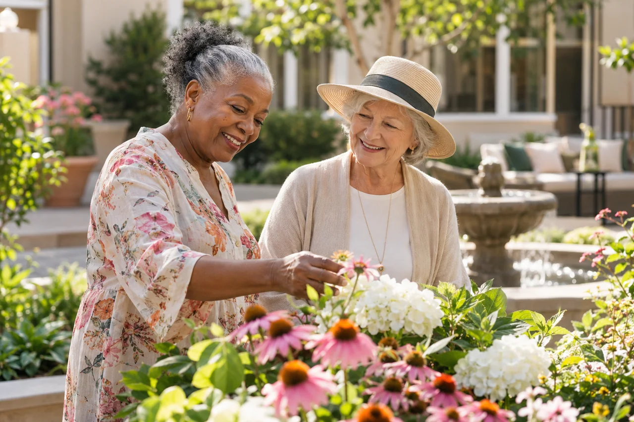 An older woman and a friend admire flowers in a well-kept community courtyard