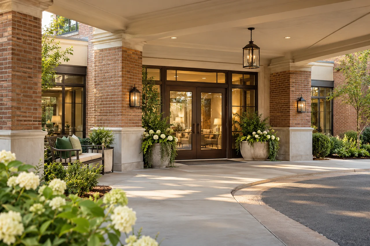 A welcoming senior living entrance with warm brick, a broad sheltered drop-off, planters and a clear accessible walkway