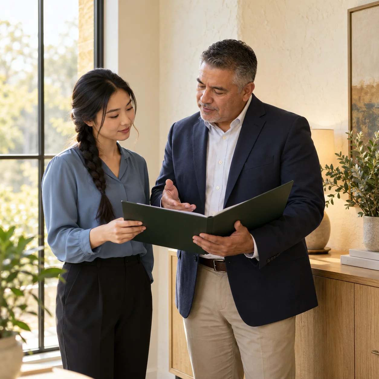 An admissions lead coaches a newer colleague using a blank tour folder beside a tall window