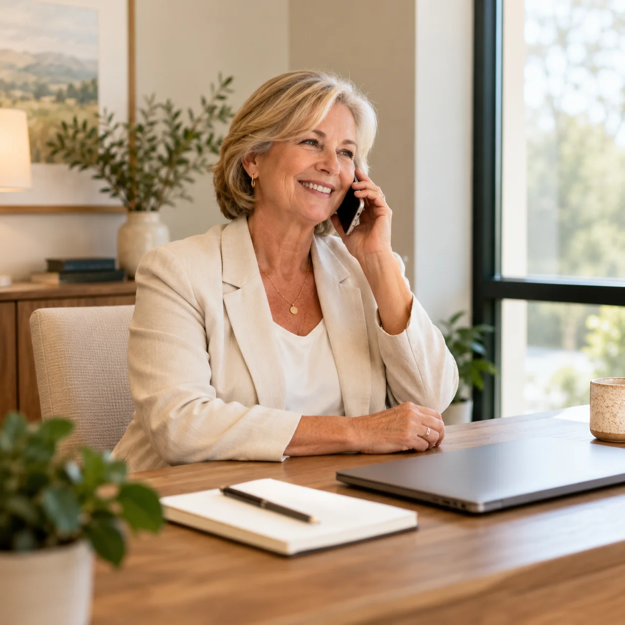 A community manager finishes a warm phone call in a calm office, with a closed laptop and notebook on the desk
