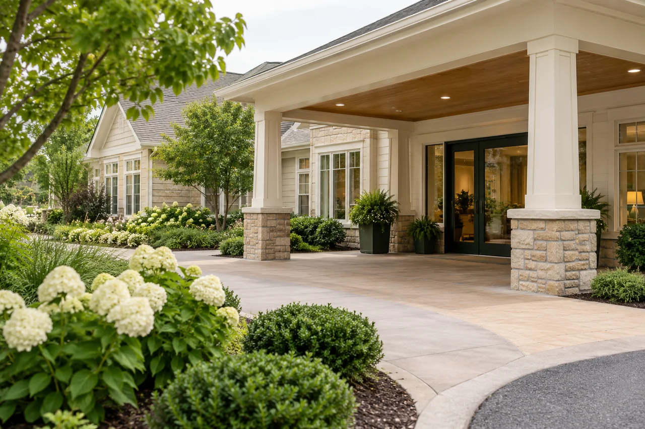 A senior living front garden leading to a sheltered cream-and-oak entrance