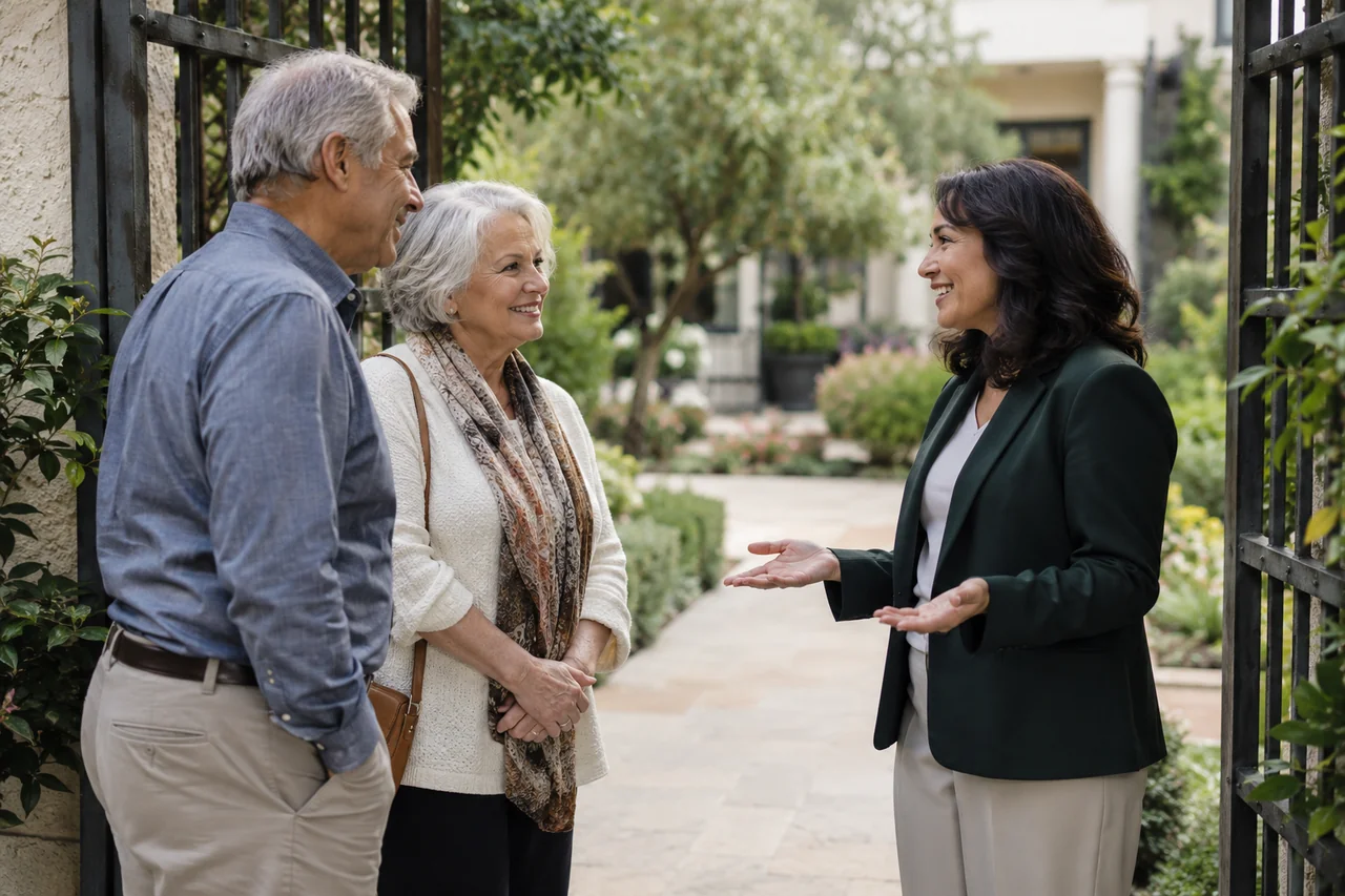 An older man and his spouse meet a community host at a shaded courtyard gate with landscaped grounds visible