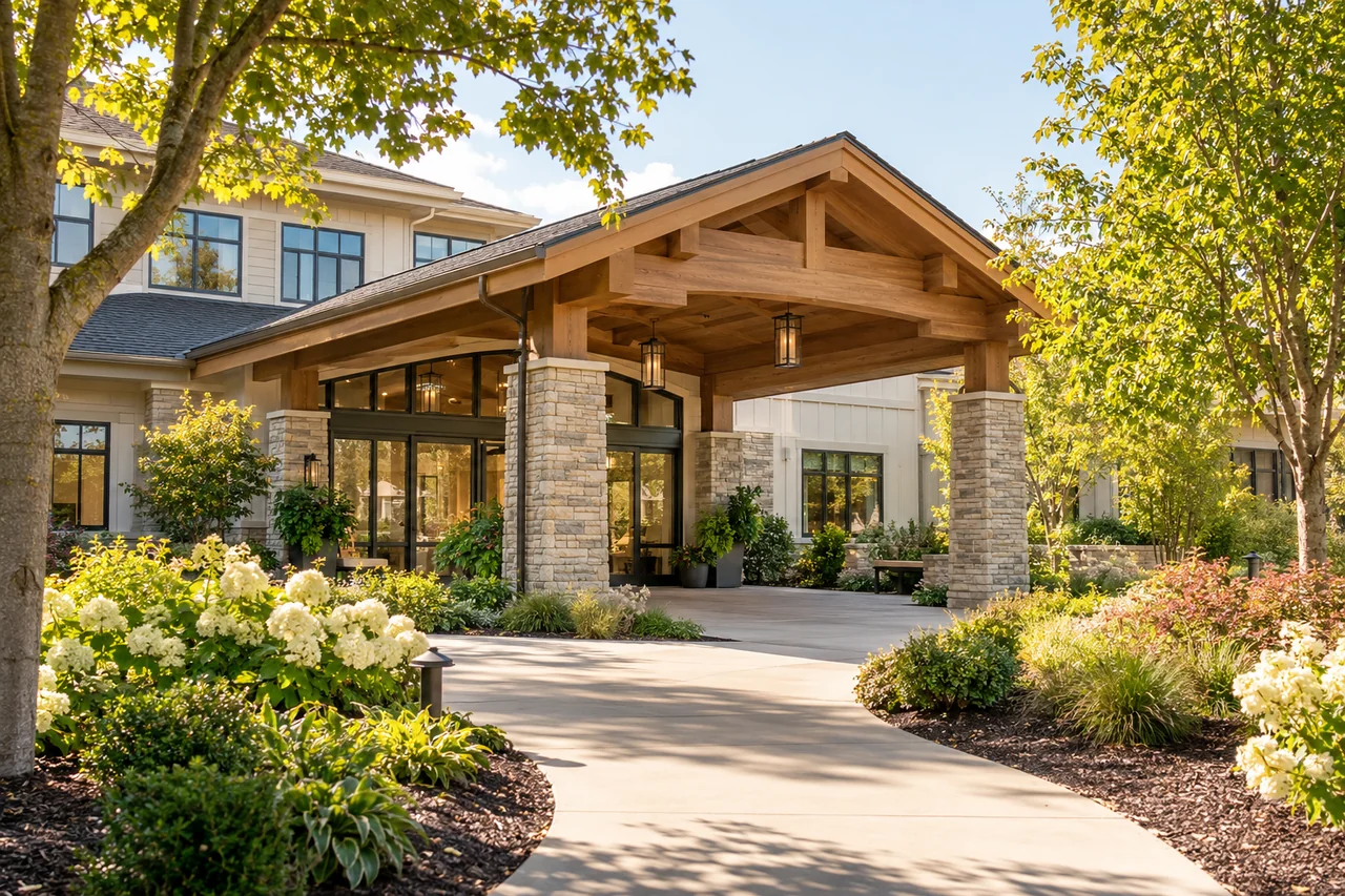 A tree-lined pedestrian route to a community entrance with a timber portico, late morning light and seasonal planting