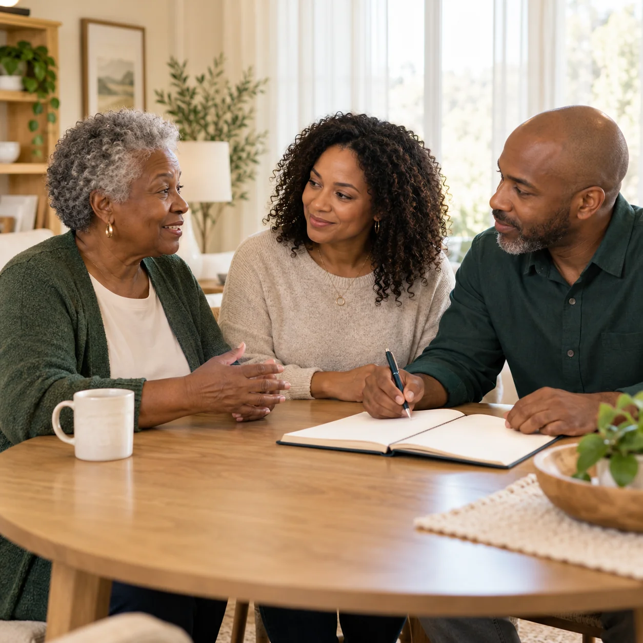An older woman and two adult family members discuss a next step at a round table with a plain notebook