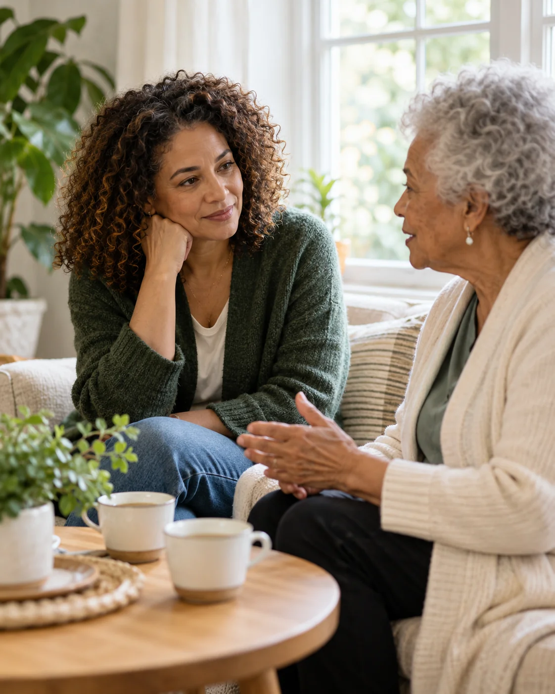 An adult daughter listens closely to her older mother beside a sunlit window, two cups of tea on a small table