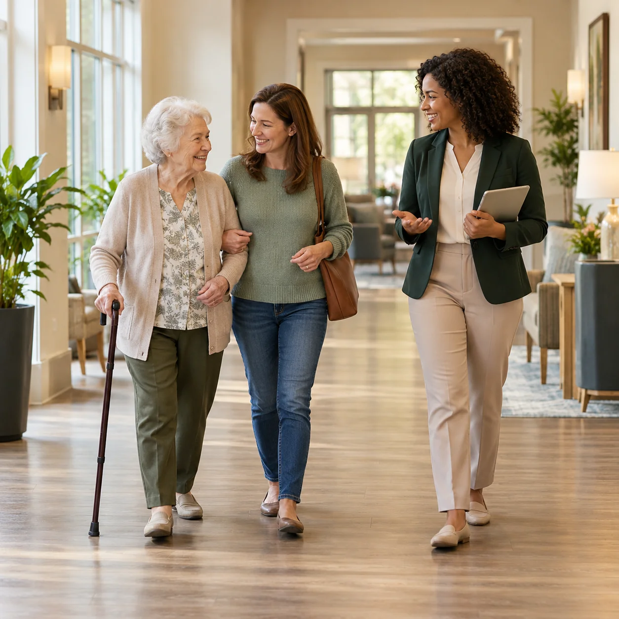 An older woman with a cane walks comfortably beside her daughter and a community guide through a wide light-filled hallway