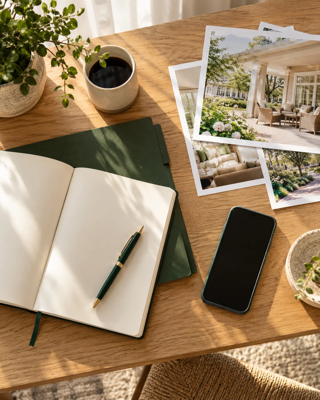 Top view of an open blank planner, a forest-green folder, a phone and printed community photographs on an oak desk