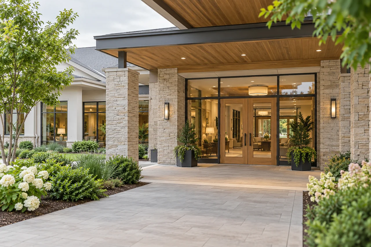 A modern senior living entrance with oak-framed glass doors and a wide paved path through low planting beds