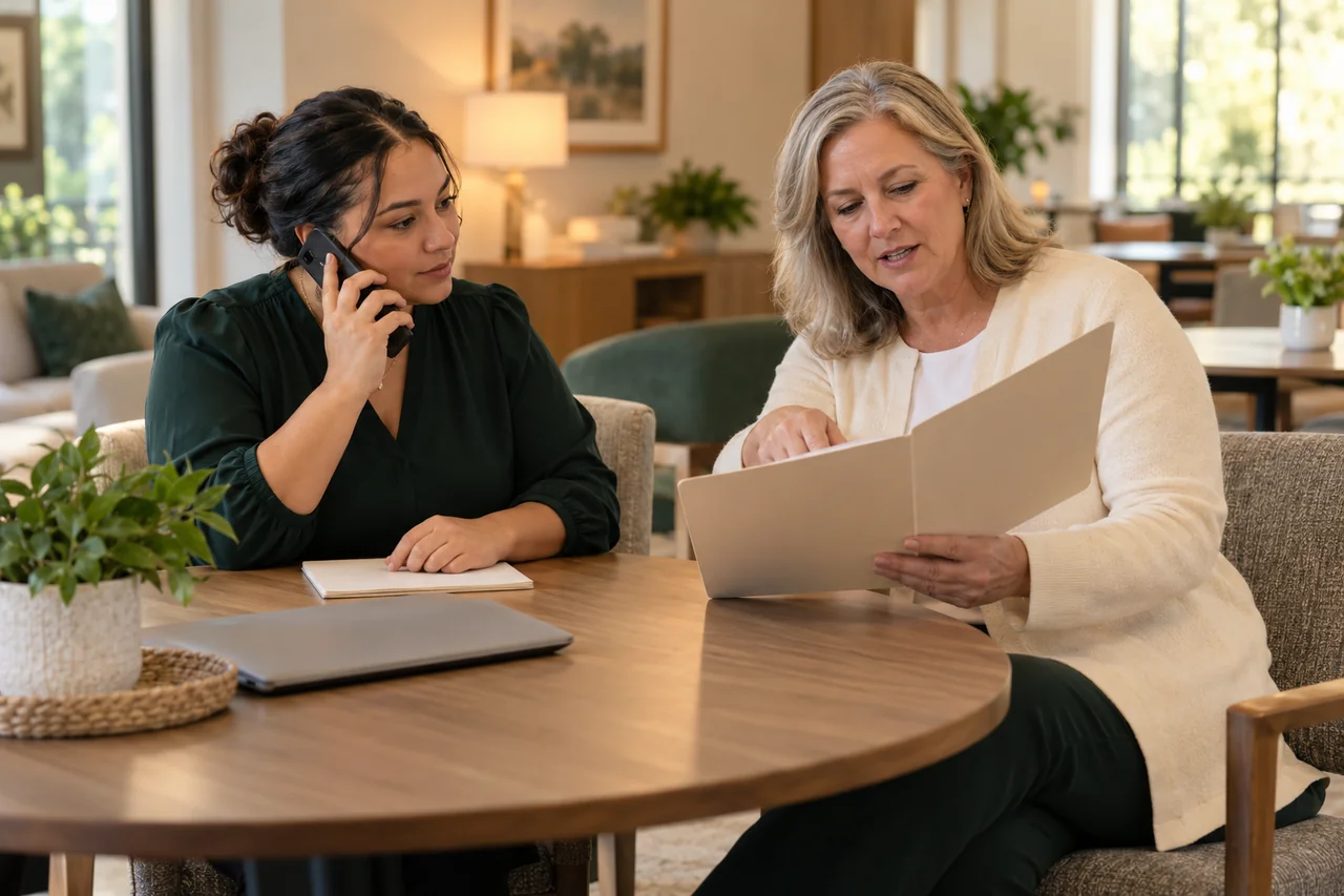 Two community staff members practice a family phone handoff at a round table, one listening while the other points to a plain folder