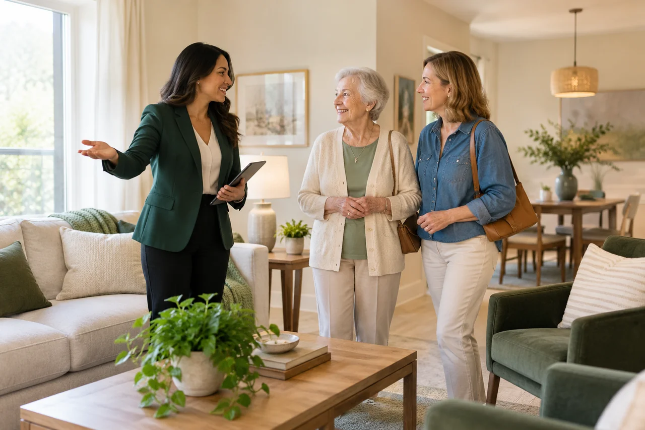 A community host shows an older woman and her daughter a cozy apartment living area, broad view of the room and furniture