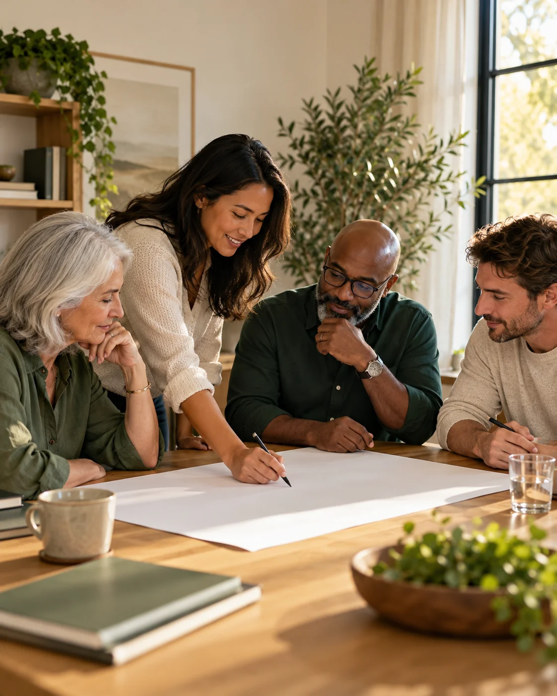 A small community team reviews an unmarked paper planning board in a bright meeting room