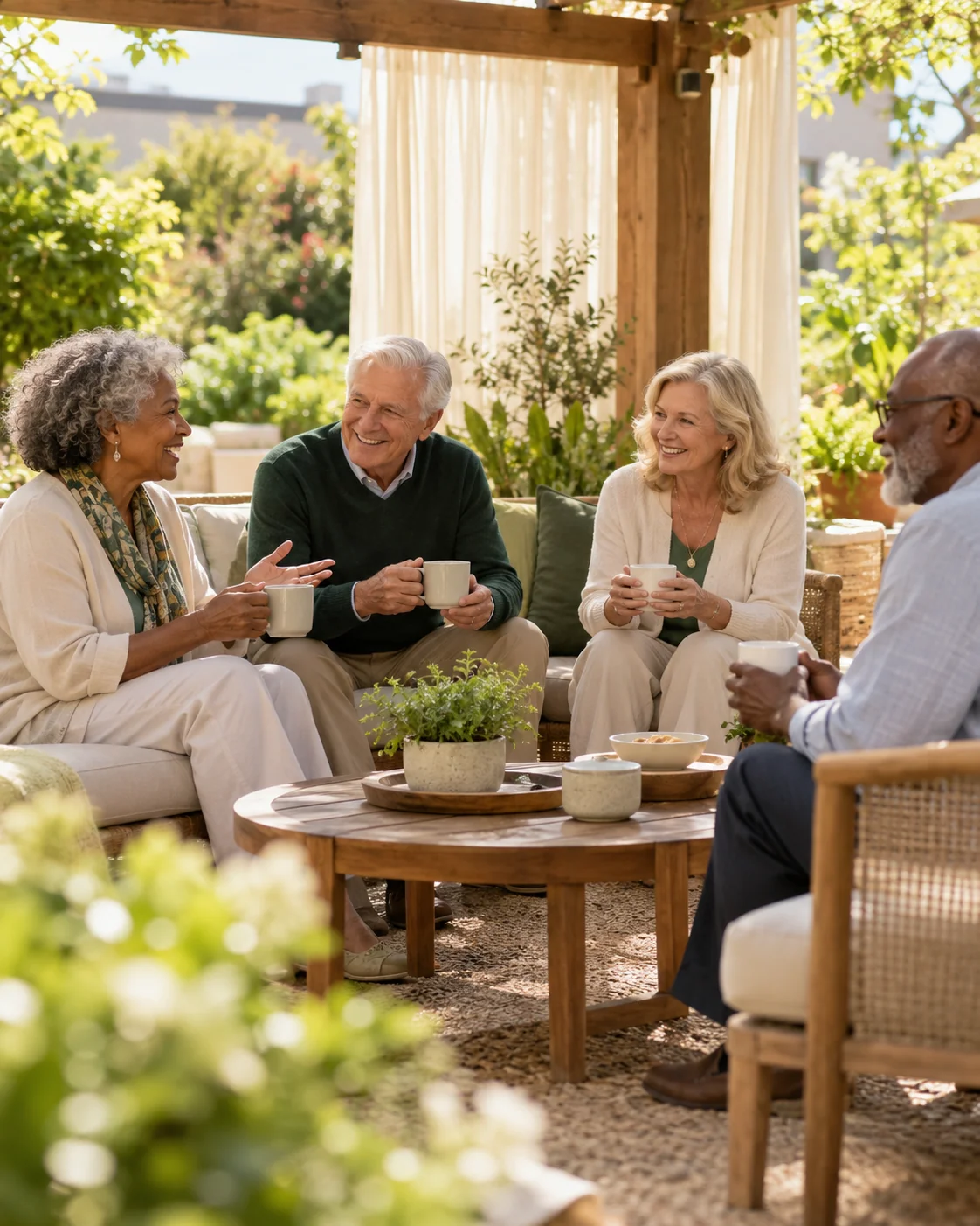 Two older couples enjoy coffee under a timber pergola in a senior living garden
