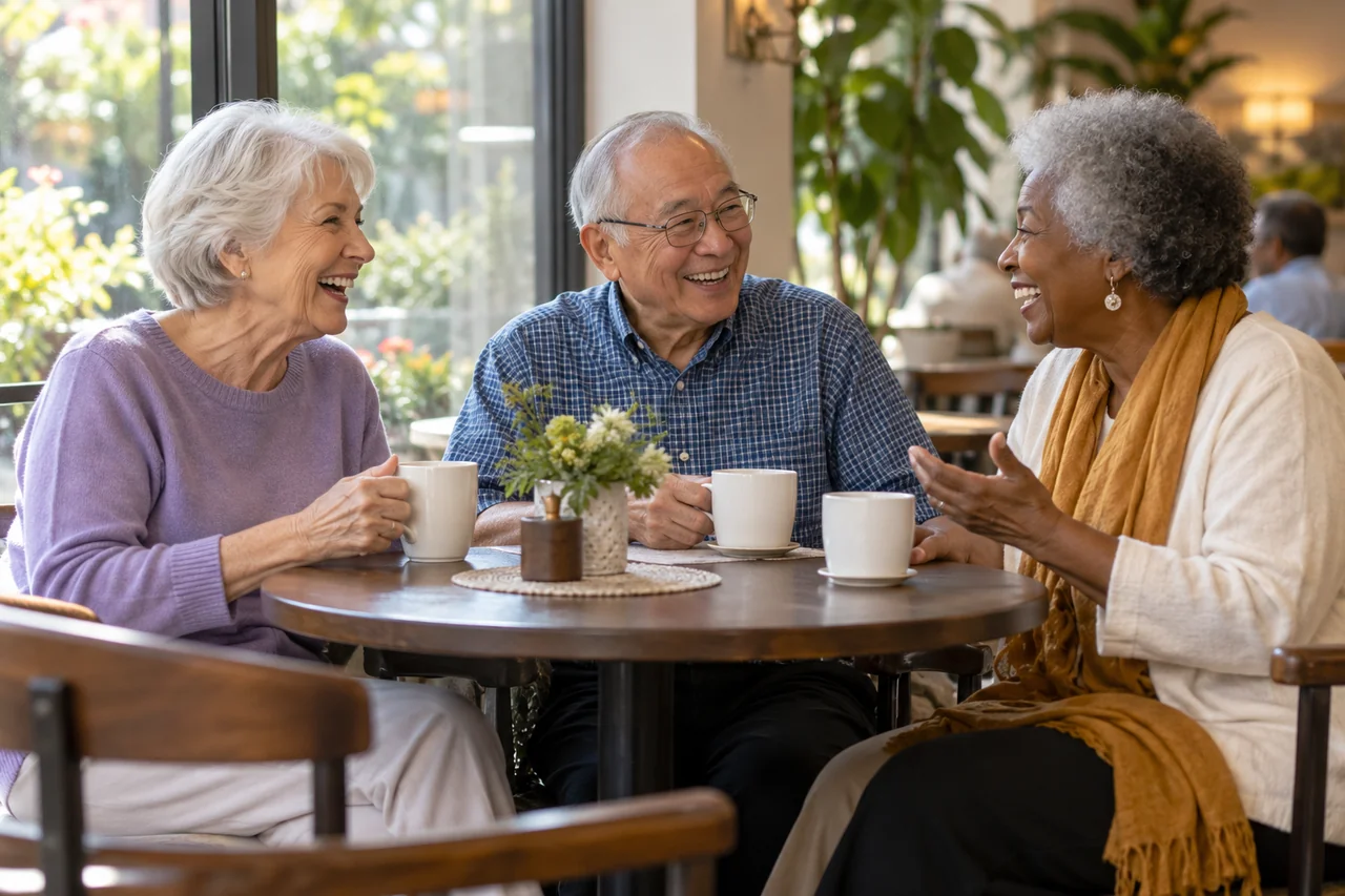 Three older adults share coffee at a sunlit community cafe table, candid natural expressions