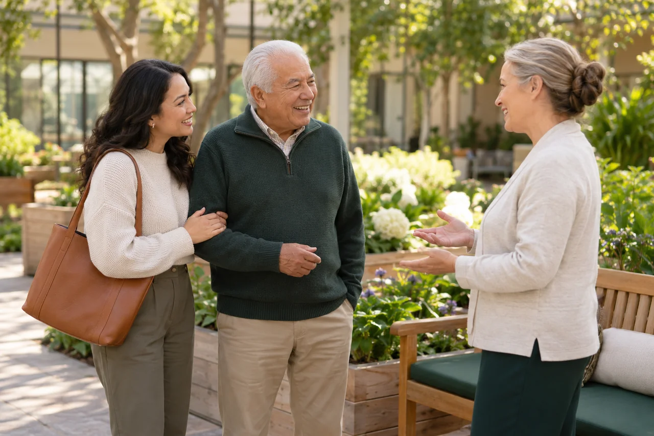 A community host greets an older man and his daughter near a garden bench and raised planters