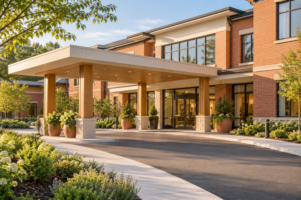A welcoming senior living entrance with warm brick, a broad sheltered drop-off, planters and a clear accessible walkway
