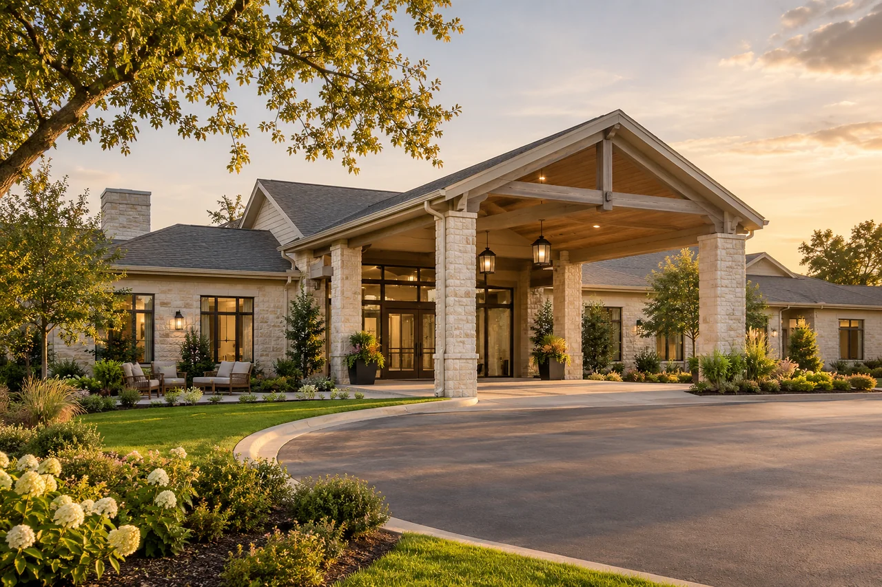 A one-story senior living community with pale stone walls, pitched roof and a generous covered entrance, quiet landscaped grounds